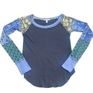 Free People Blue Thermal Patchwork Sleeve Top Size Small Boho